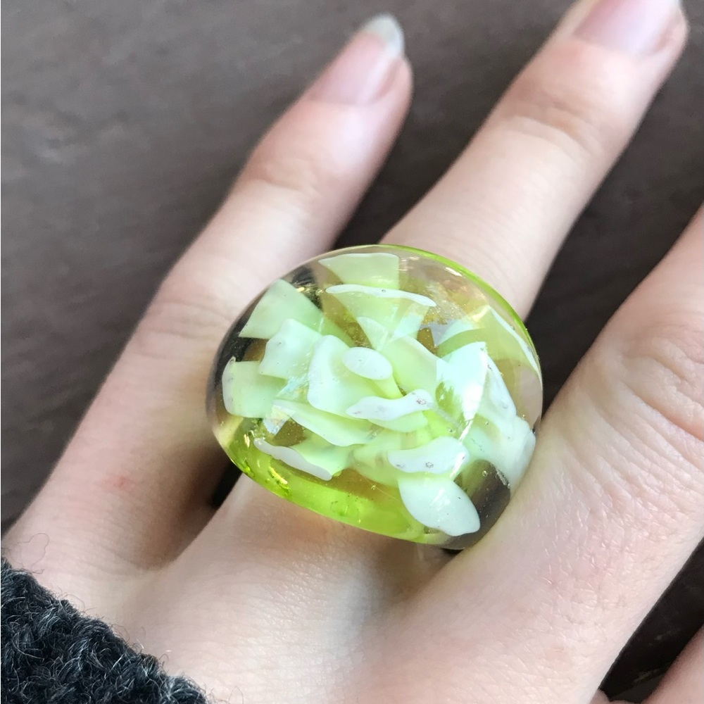 Hand blown domed glass trippy flower ring green